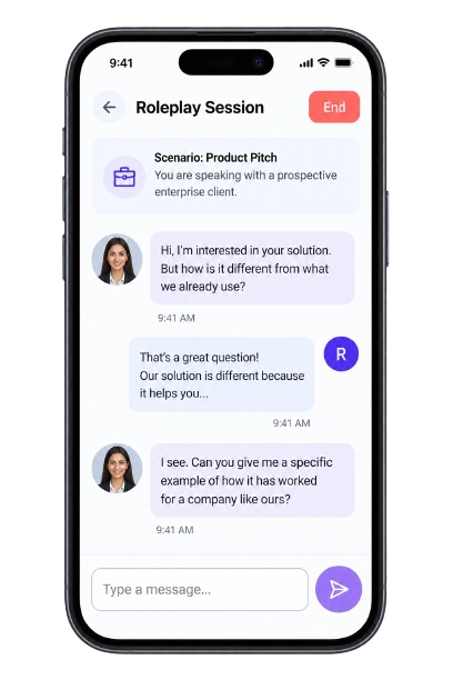 AI product-pitch roleplay session on a mobile phone